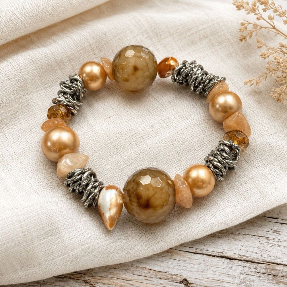 Vintage Y2K Chunky Stretch Bracelet Brown Agate Faux Pearl Amber Boho Beaded